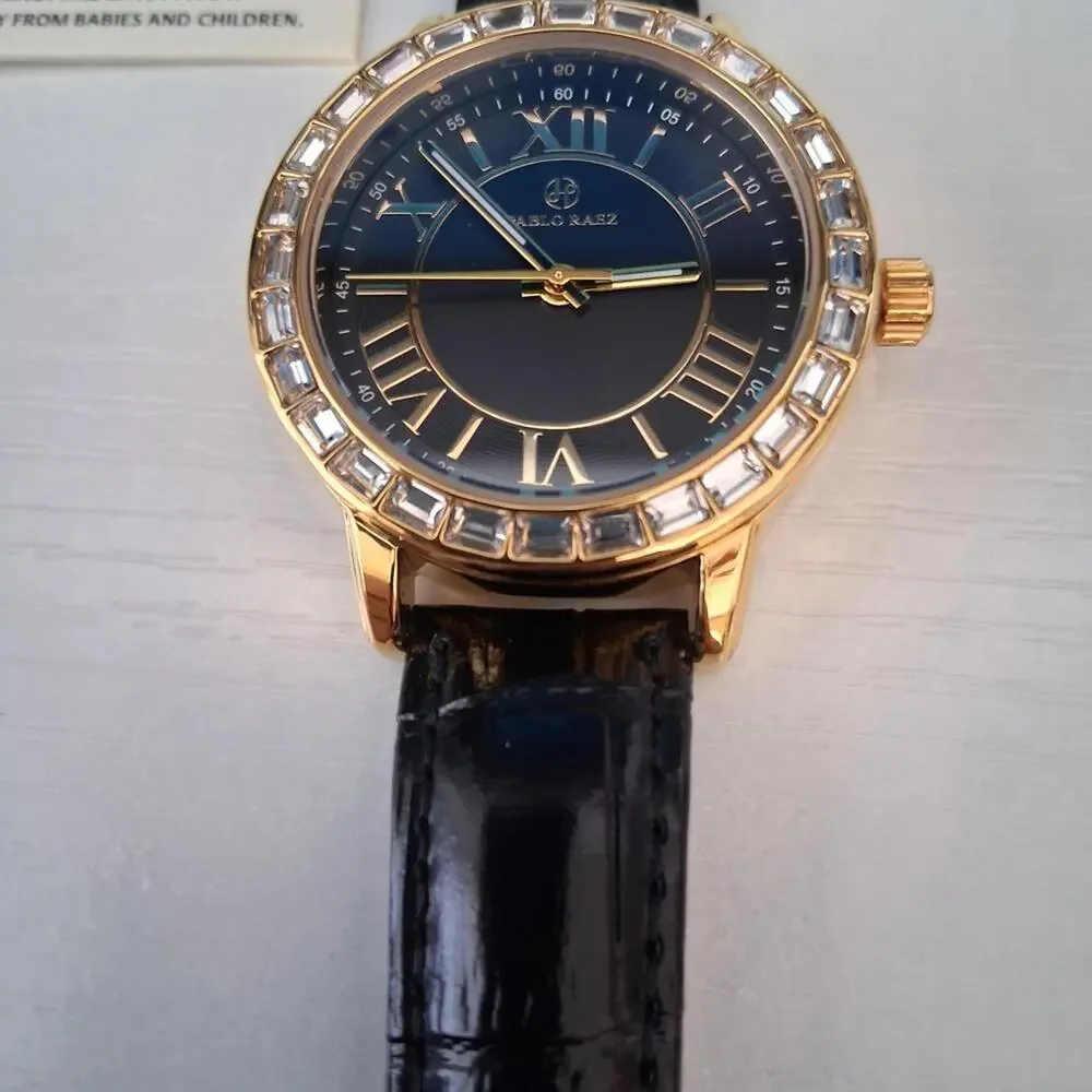 Pablo Raez 34mm Crystal & Leather Luxury Gold Filled Watch